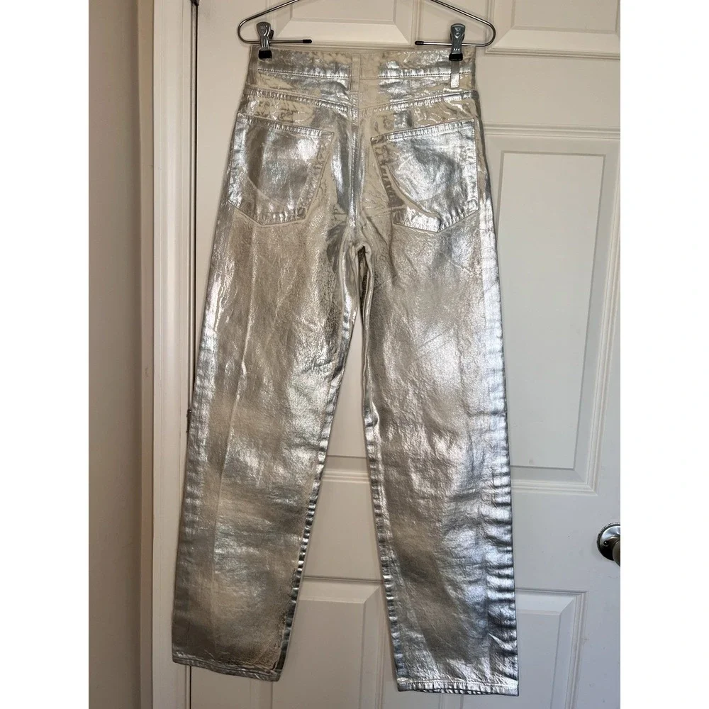 EUC Zara Silver Straight Leg Jeans Metallic Shiny High Rise Festival Party Size4